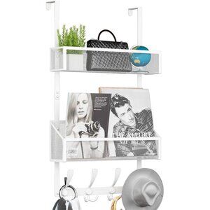 Over The Door Hooks Organizer,Coat Rack with 12 Hooks and 2 Mesh Baskets